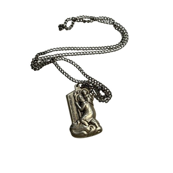 St Christopher Pendant Necklace Silver Tone Religious Medal Unisex Jewelry - Picture 9 of 9